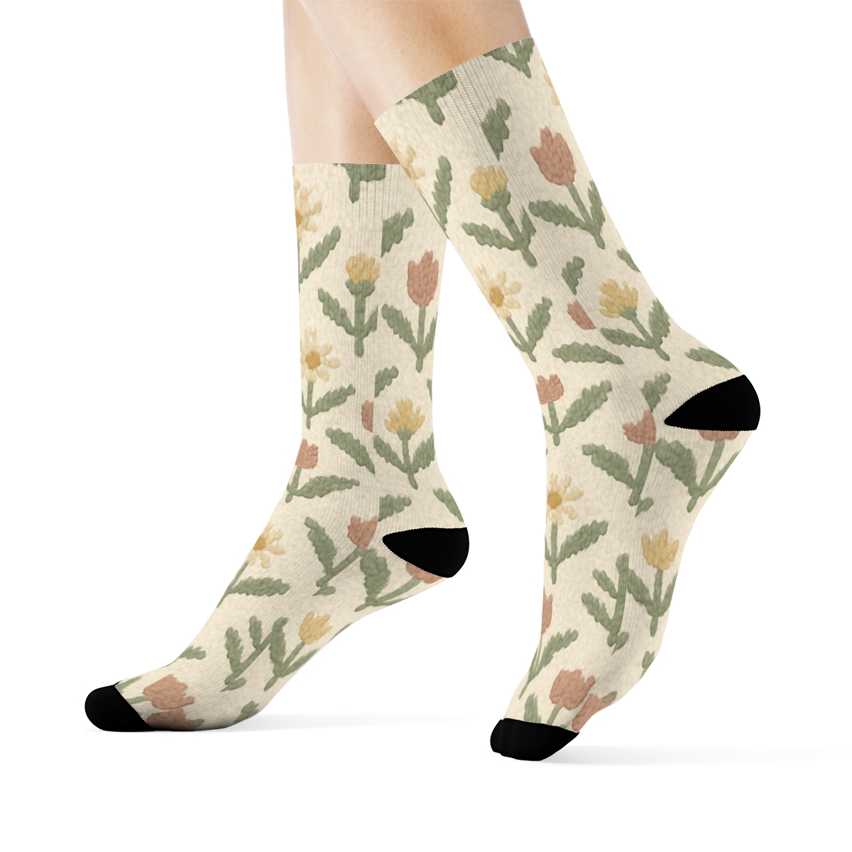Sage Wildflower Knit Illusion Chevron On Warm Ivory Background personalized crew socks