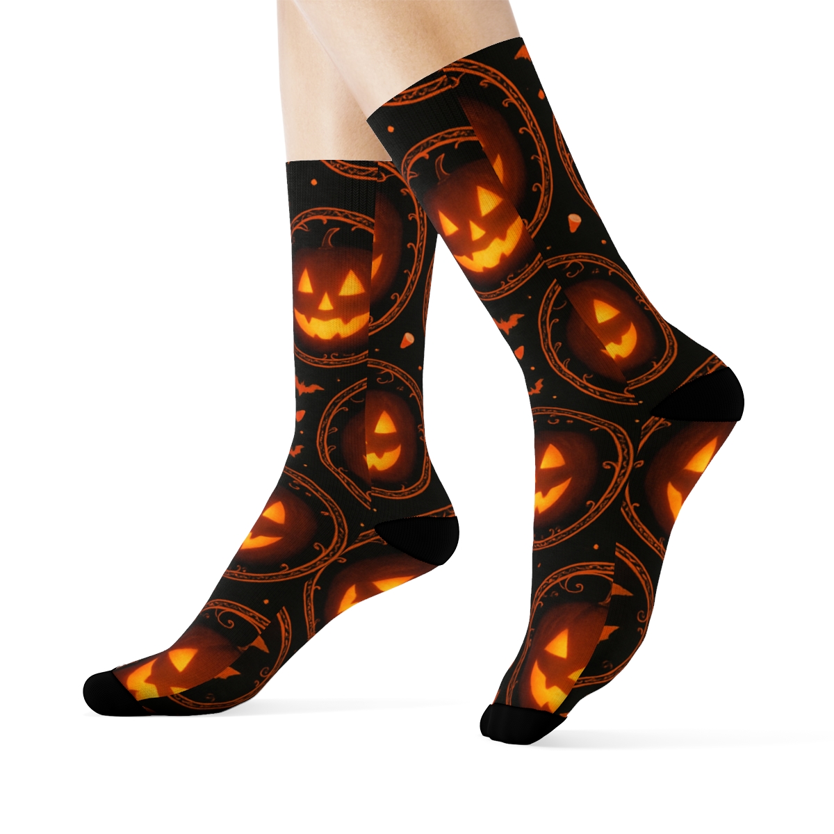 Glowing Jack O Lantern Medallion Tiles On Black Background unique graphic crew socks