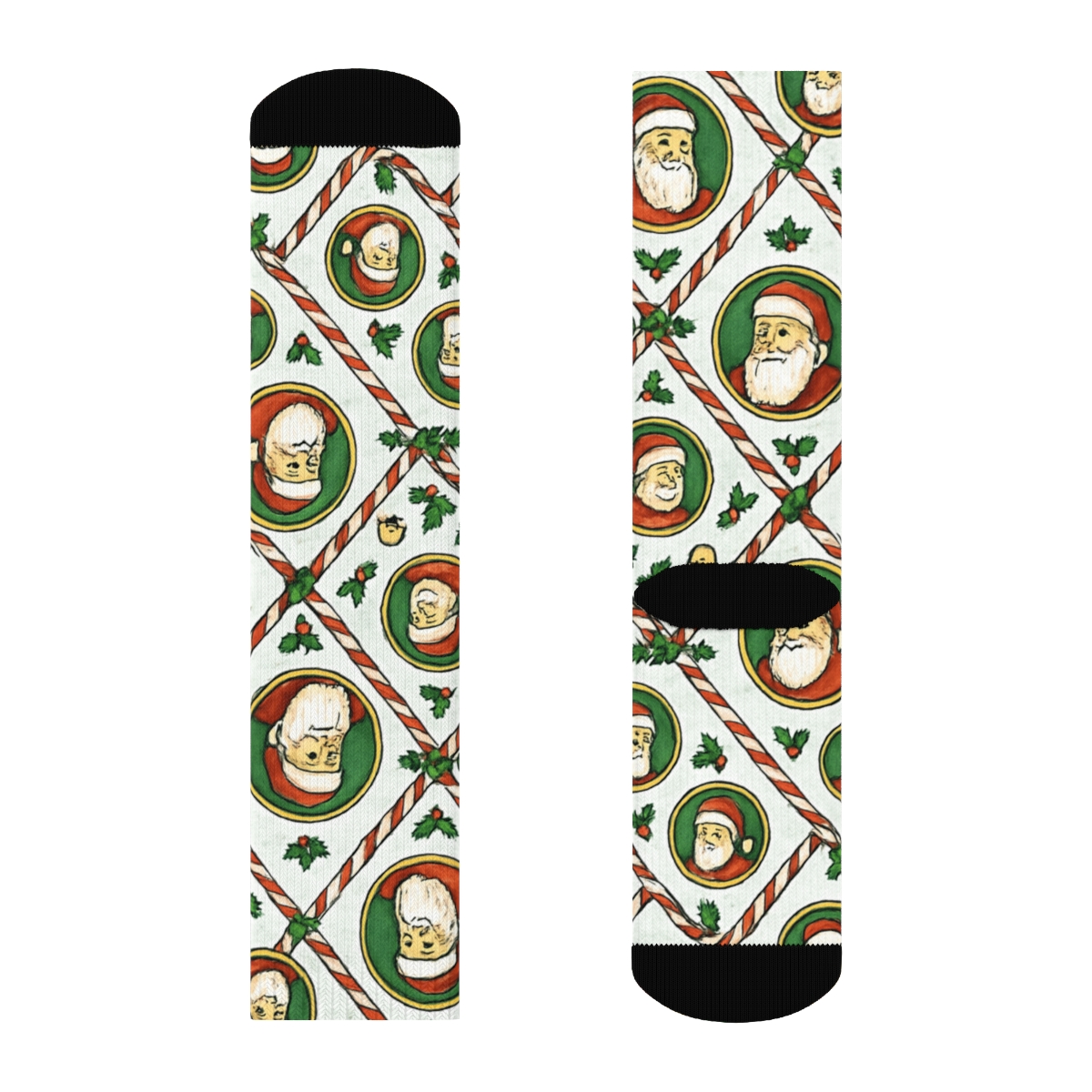 Candy Cane Lattice With Santa Claus Cameos custom crew socks