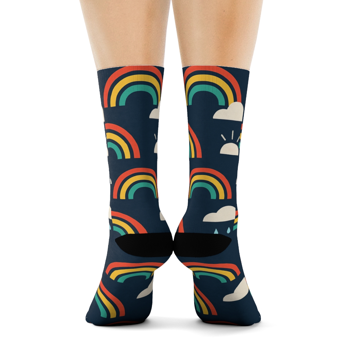 Minimal Rainbow Skyline Tiles On Deep Night Blue trendy patterned crew socks