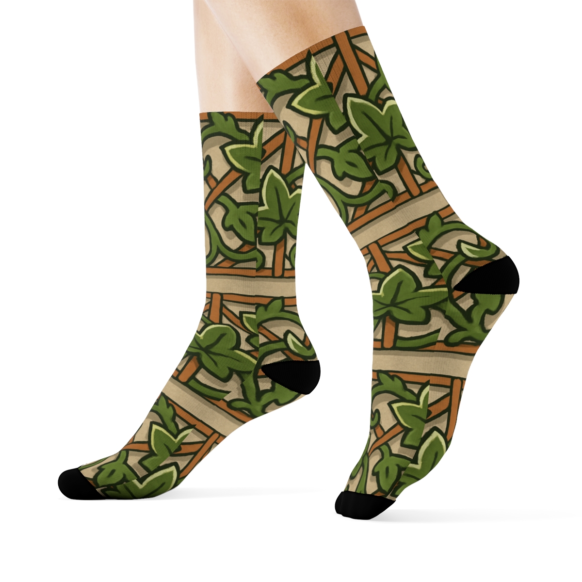 Trellis Letter Ivy Border On Warm Stone Gray soft everyday crew socks