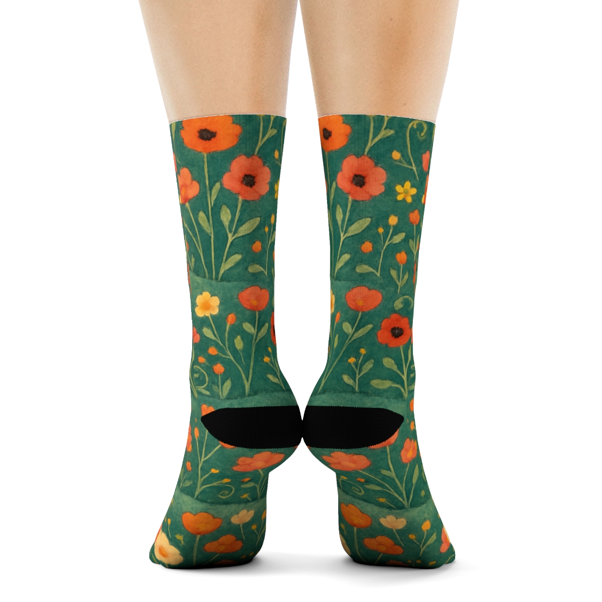 Sunset Wildflower Landscape Wrap On Deep Teal Background premium sports crew socks