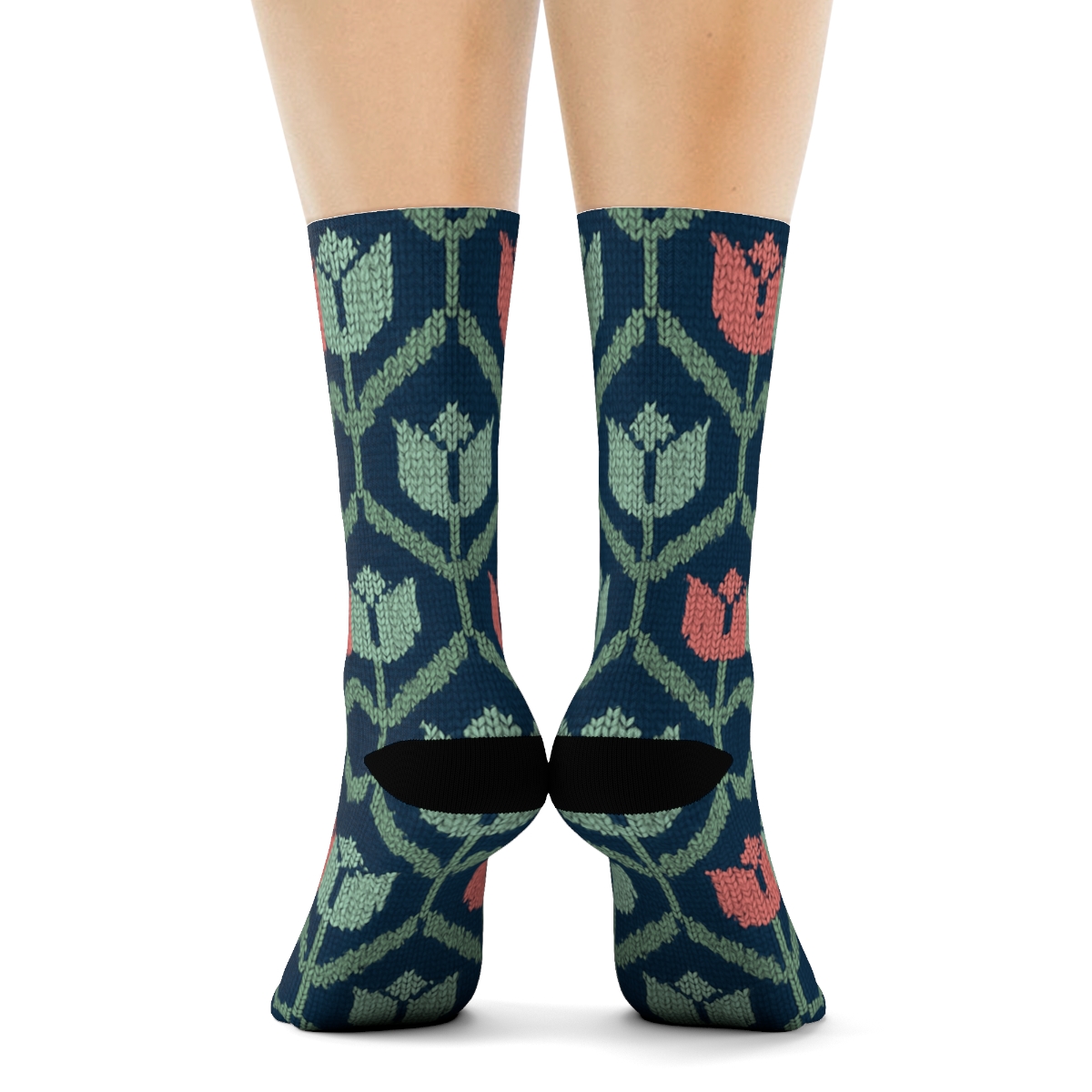 Knitted Tulip Lattice On Navy Blue Background custom crew socks
