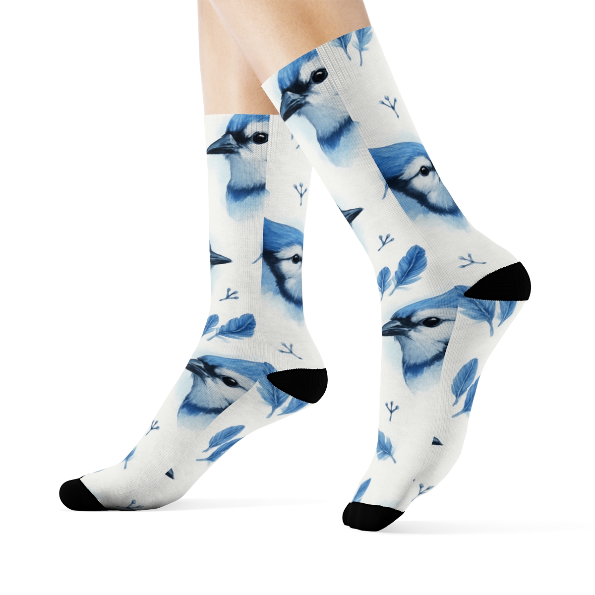 Blue Jay Crest Portrait Scatter On White Background designer printed crew socks