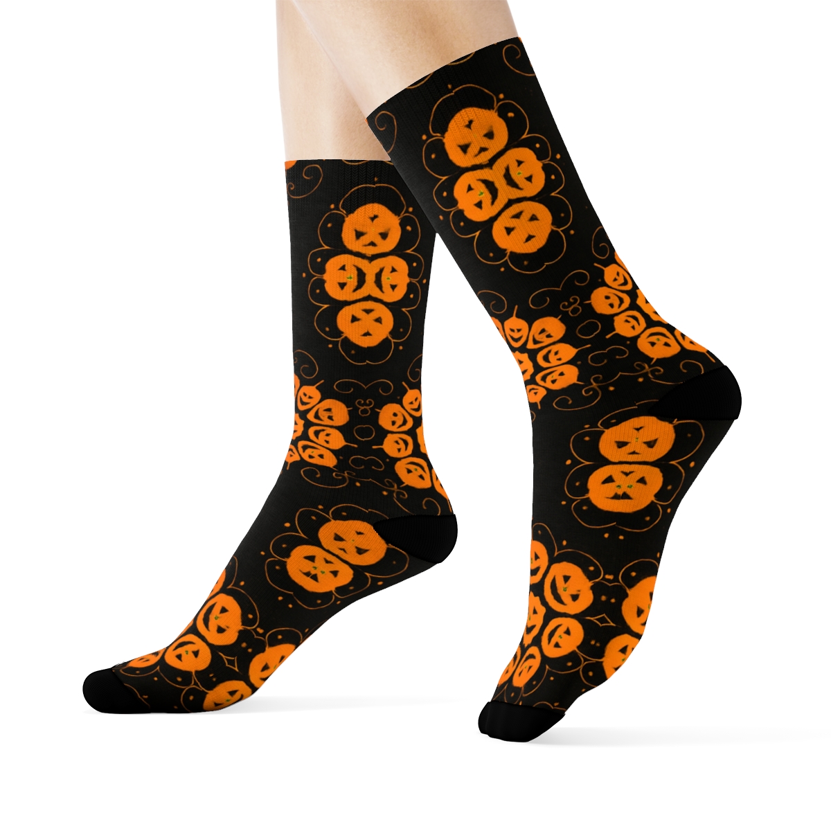 Glowing Jack O Lantern Rosette Tiles On Black Background premium sports crew socks