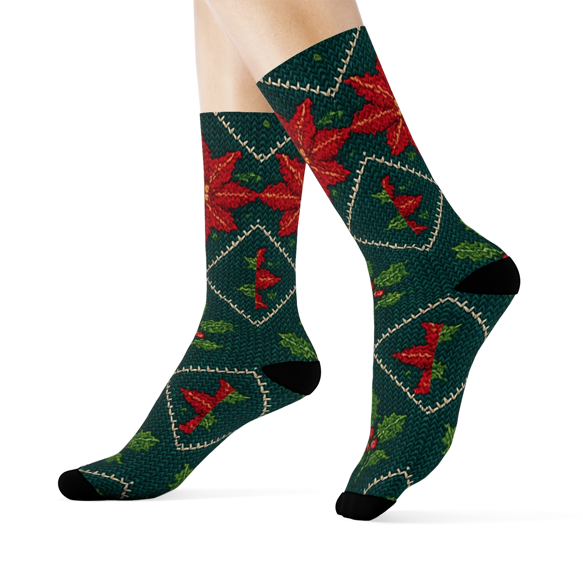 Embroidered Poinsettia Holly Lattice On Midnight Green Background premium sports crew socks