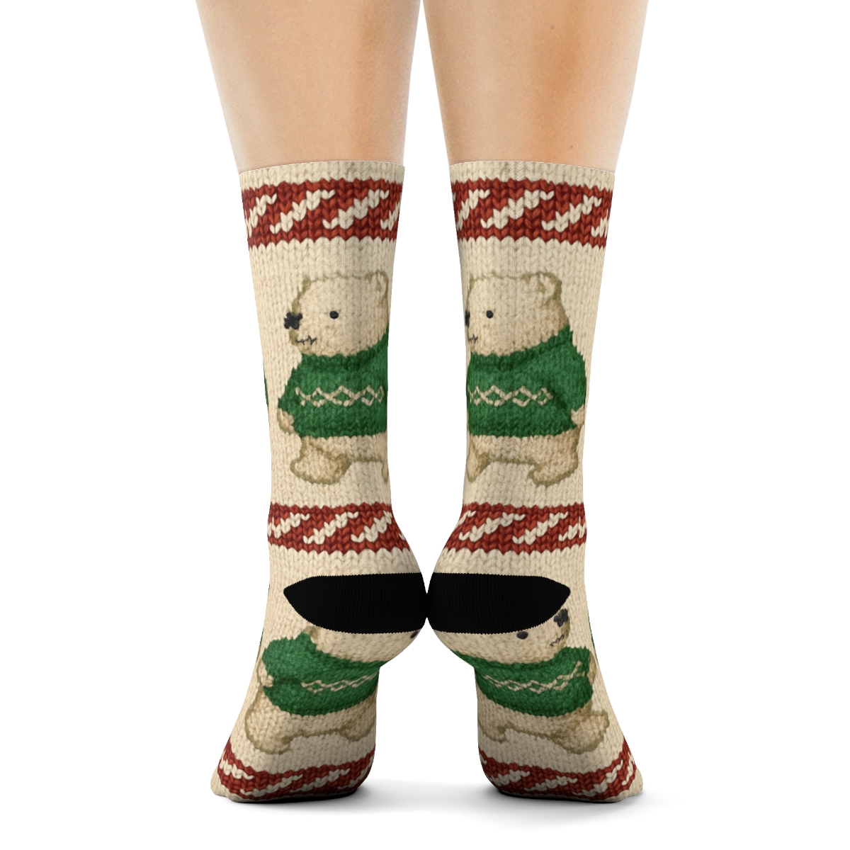 Knitted Polar Bear Candy Cane Stripes unique graphic crew socks