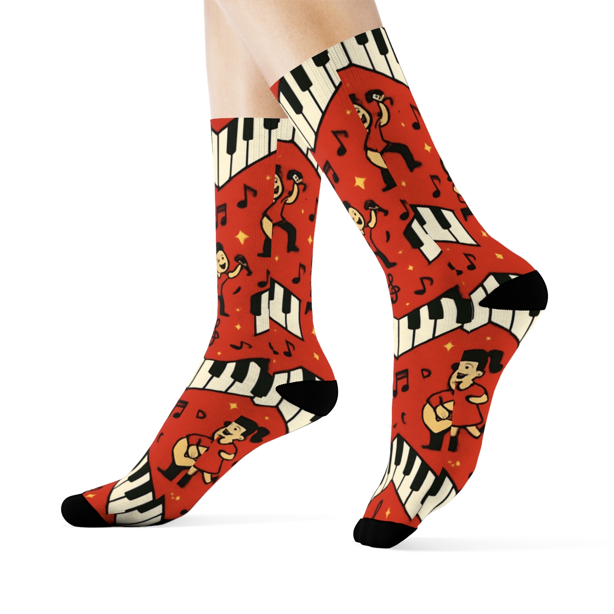 Piano Keys With Musician Parade On Vibrant Red stylish athletic crew socks