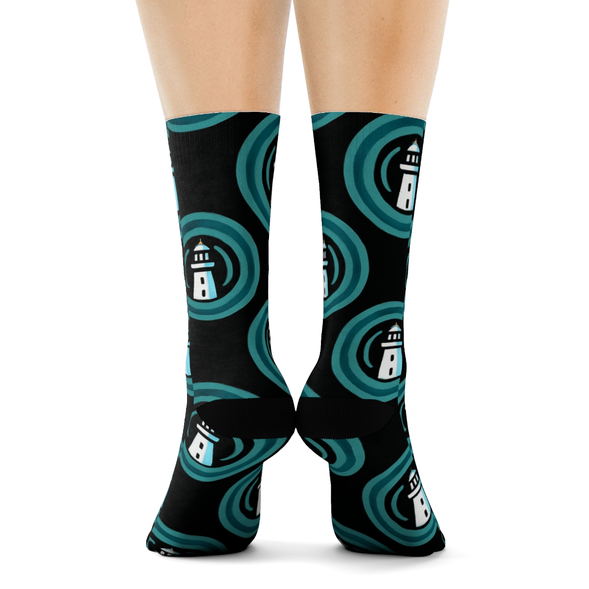 Midnight Lighthouse Wave Rings comfortable cotton crew socks