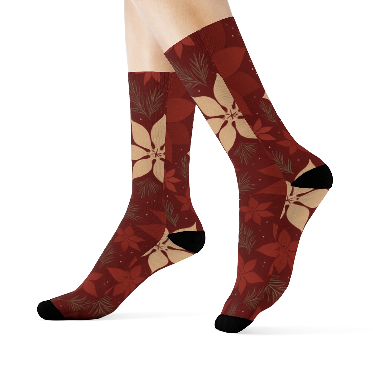 Snow Dusted Poinsettia Silhouette Scatter On Deep Crimson premium sports crew socks