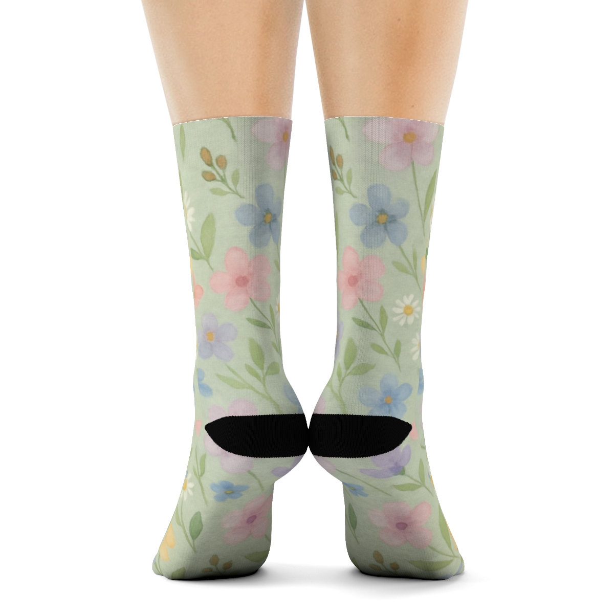 Watercolor Wildflower Drift On Mist Green stylish athletic crew socks