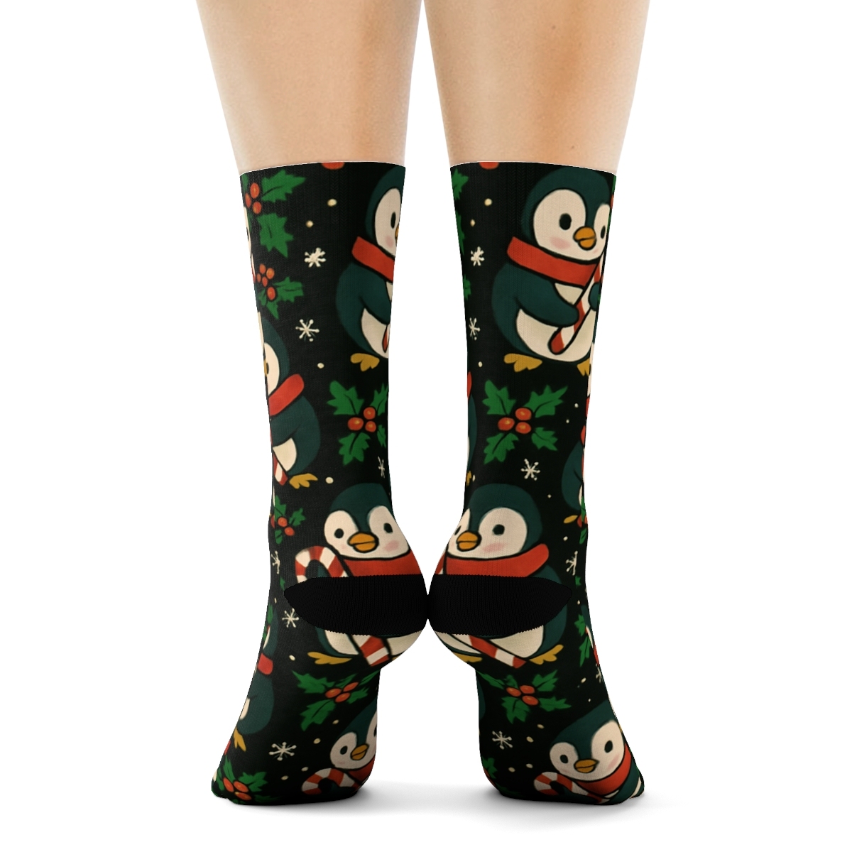 Emerald Penguin Candy Cane Tessellation On Black Background designer printed crew socks