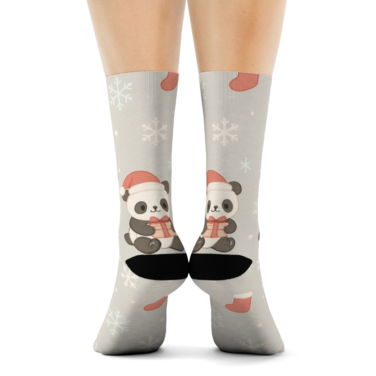 Pastel Santa Hat Panda Scatter With Snowflake Rhythm On Light Gray Background custom crew socks