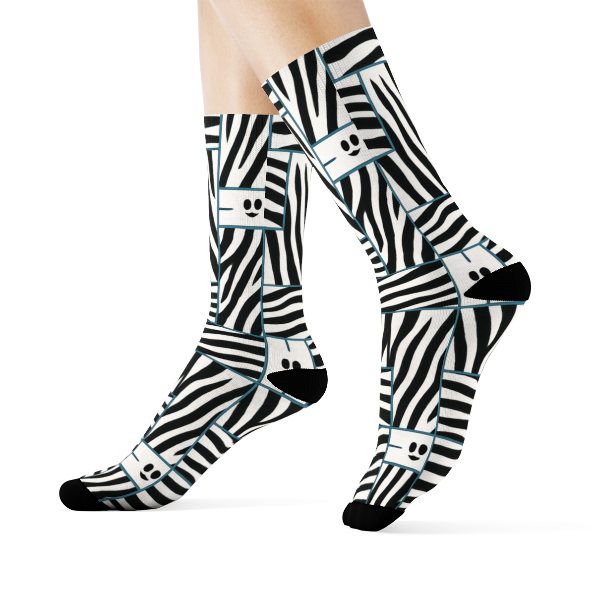 Teal Inlay Zebra Crossing Stripe Grid custom crew socks