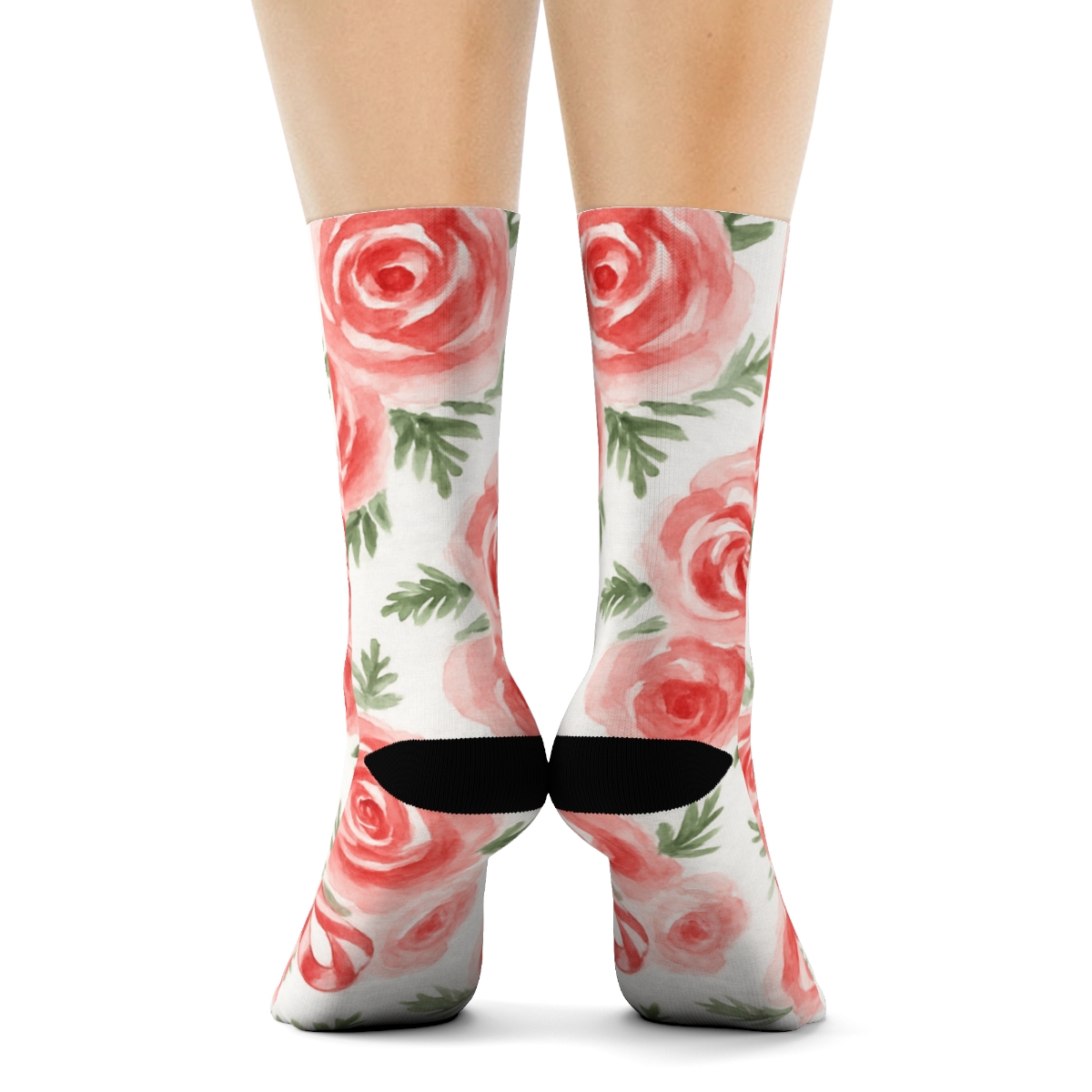 Candy Cane Ribbon Florals Scatter On Snow White Background unique graphic crew socks