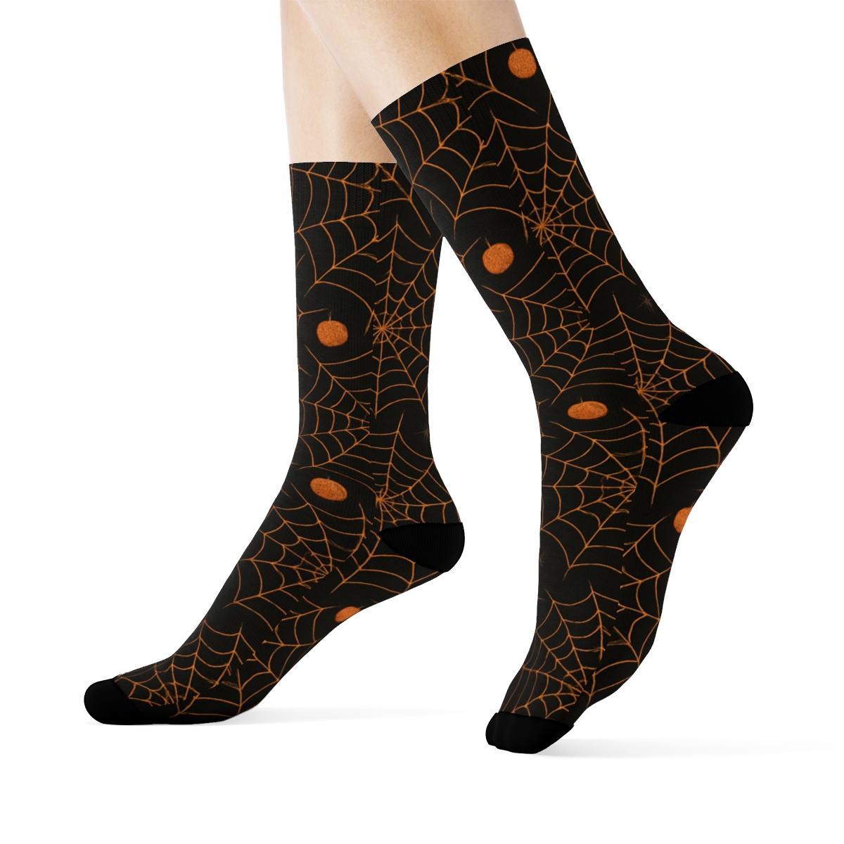Spider Web Overlay With Orange Pumpkin Dots On Black Background designer printed crew socks