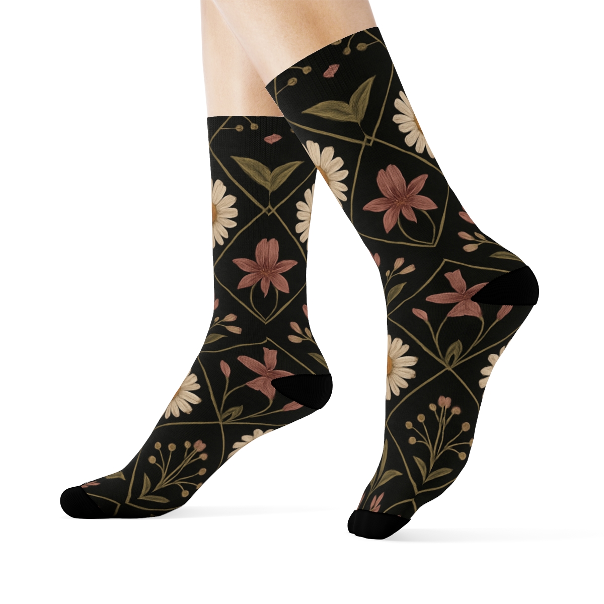 Vintage Wildflower Herbarium Lattice On Black Background stylish athletic crew socks