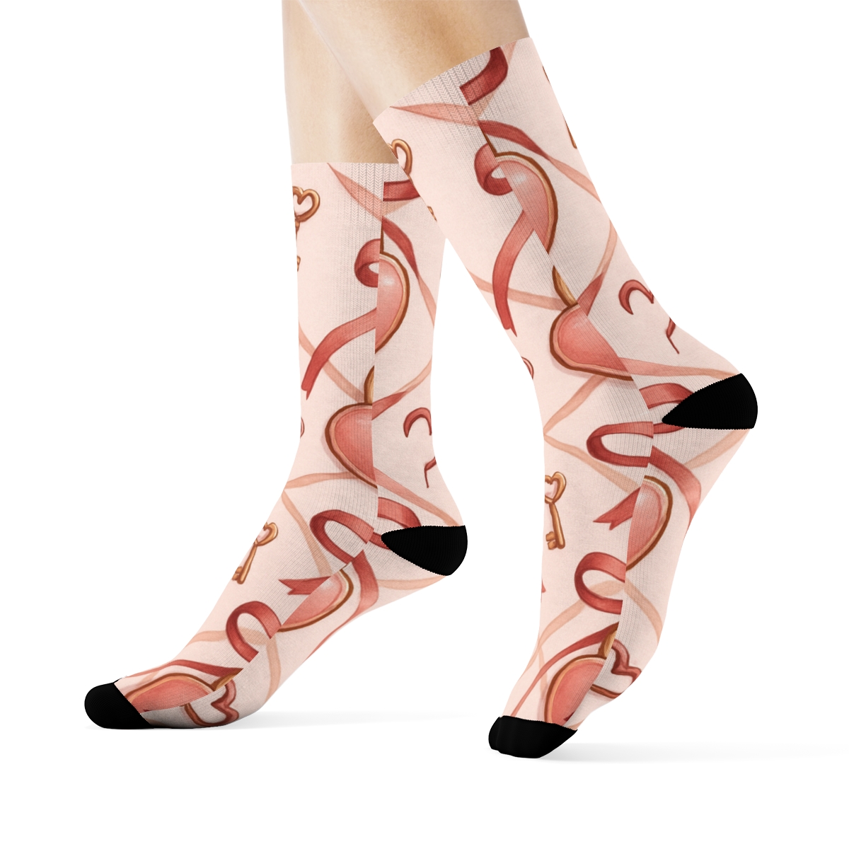 Ribbon Lattice With Valentines Heartshaped Lock And Key designer printed crew socks