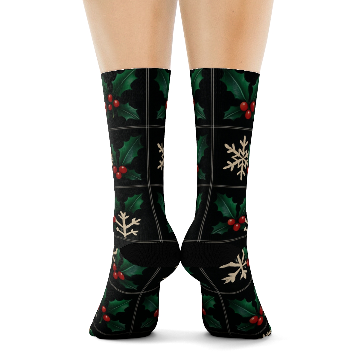 Holly Grid With Snowflake Negative Space On Black unique graphic crew socks