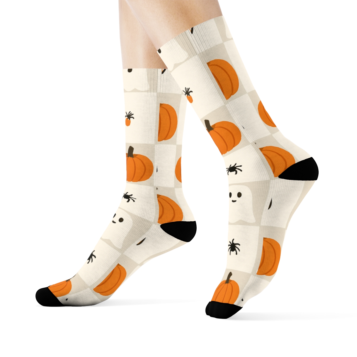 Ghost And Orange Pumpkin Alternating Check On Neutral Background custom crew socks