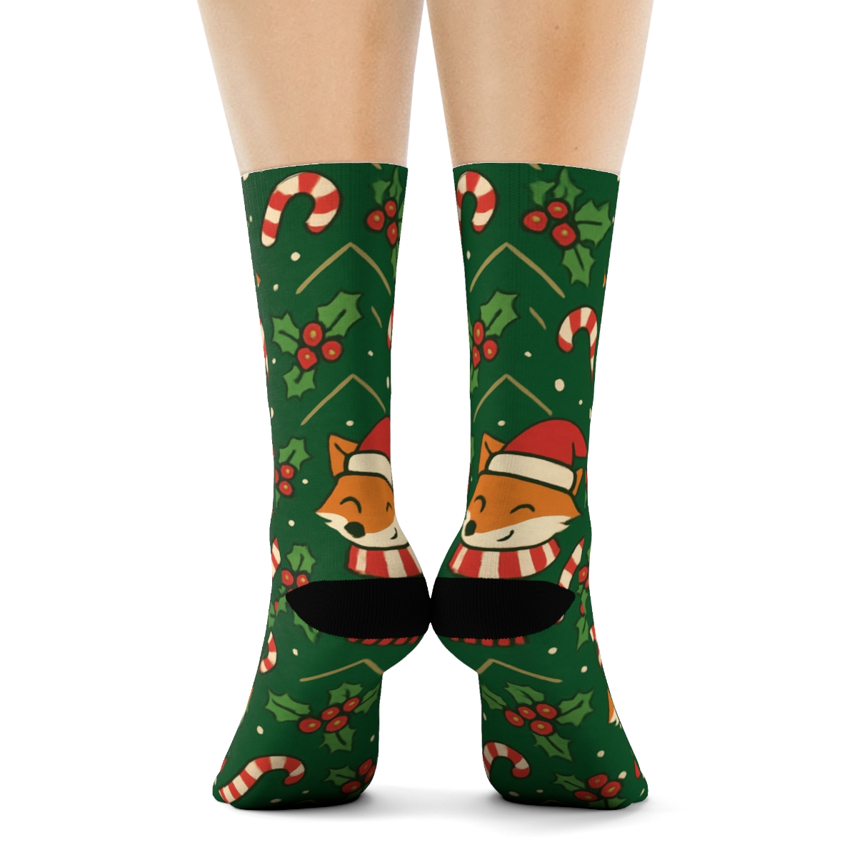 Candy Cane Fox Chevron On Forest Green Background designer printed crew socks