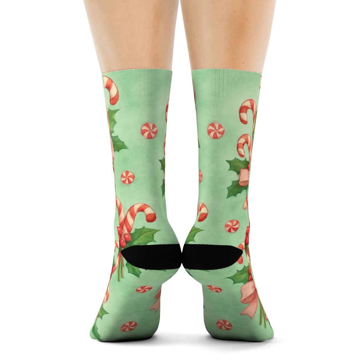Candy Canes Bouquet Vignettes On Mint Background comfortable cotton crew socks
