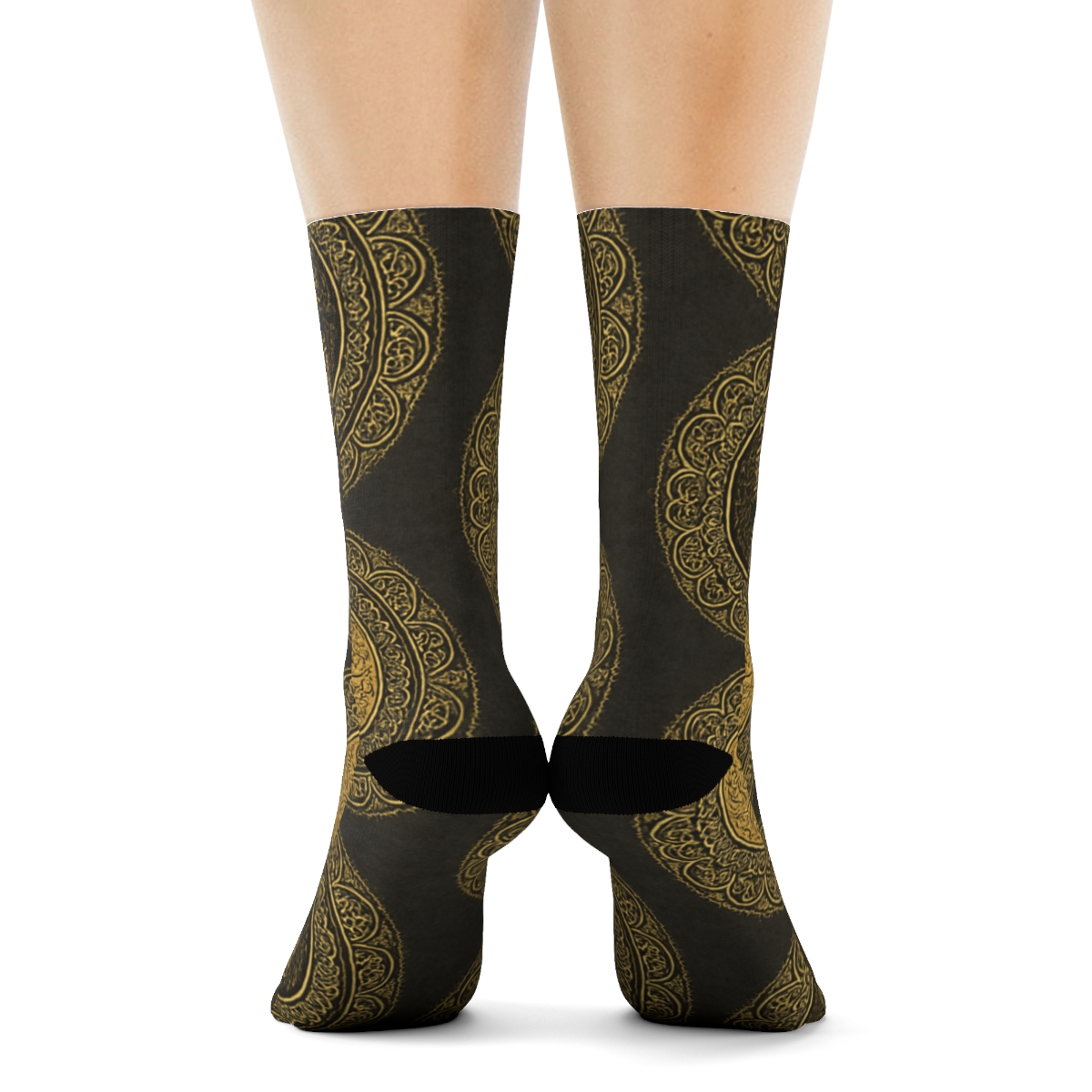 Gold Filigree Duality Mandala Tiles On Charcoal trendy patterned crew socksGold Filigree Duality Mandala Tiles on Charcoal Crew Socks - Image 4