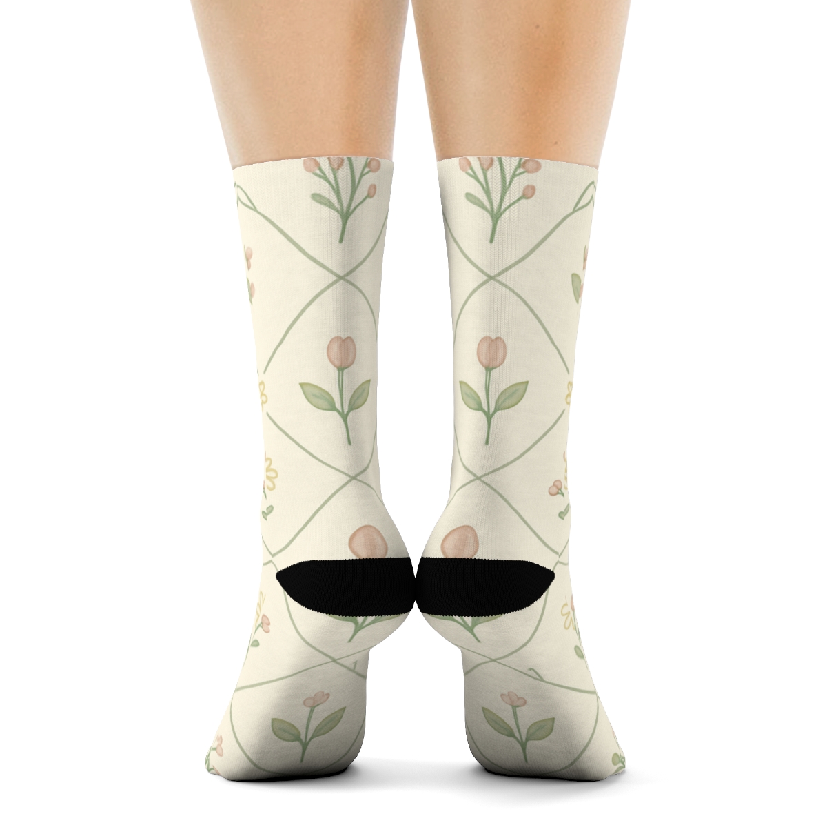 Sage Wildflower Lattice On Warm Ivory Background custom crew socks