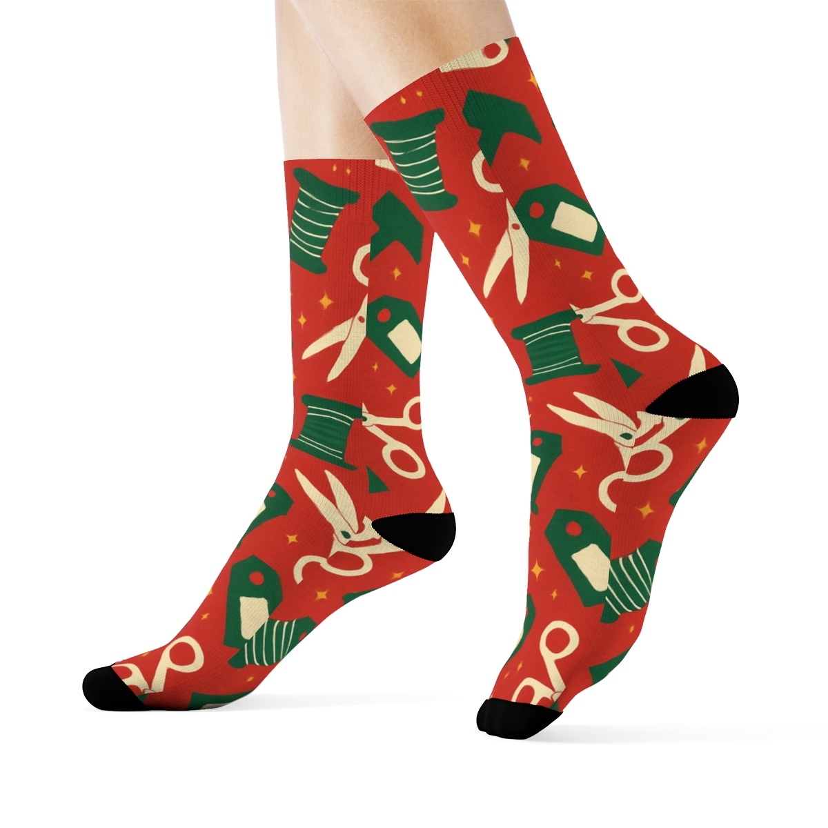 Elf Workshop Tools Xmas Tessellation On Red trendy patterned crew socks