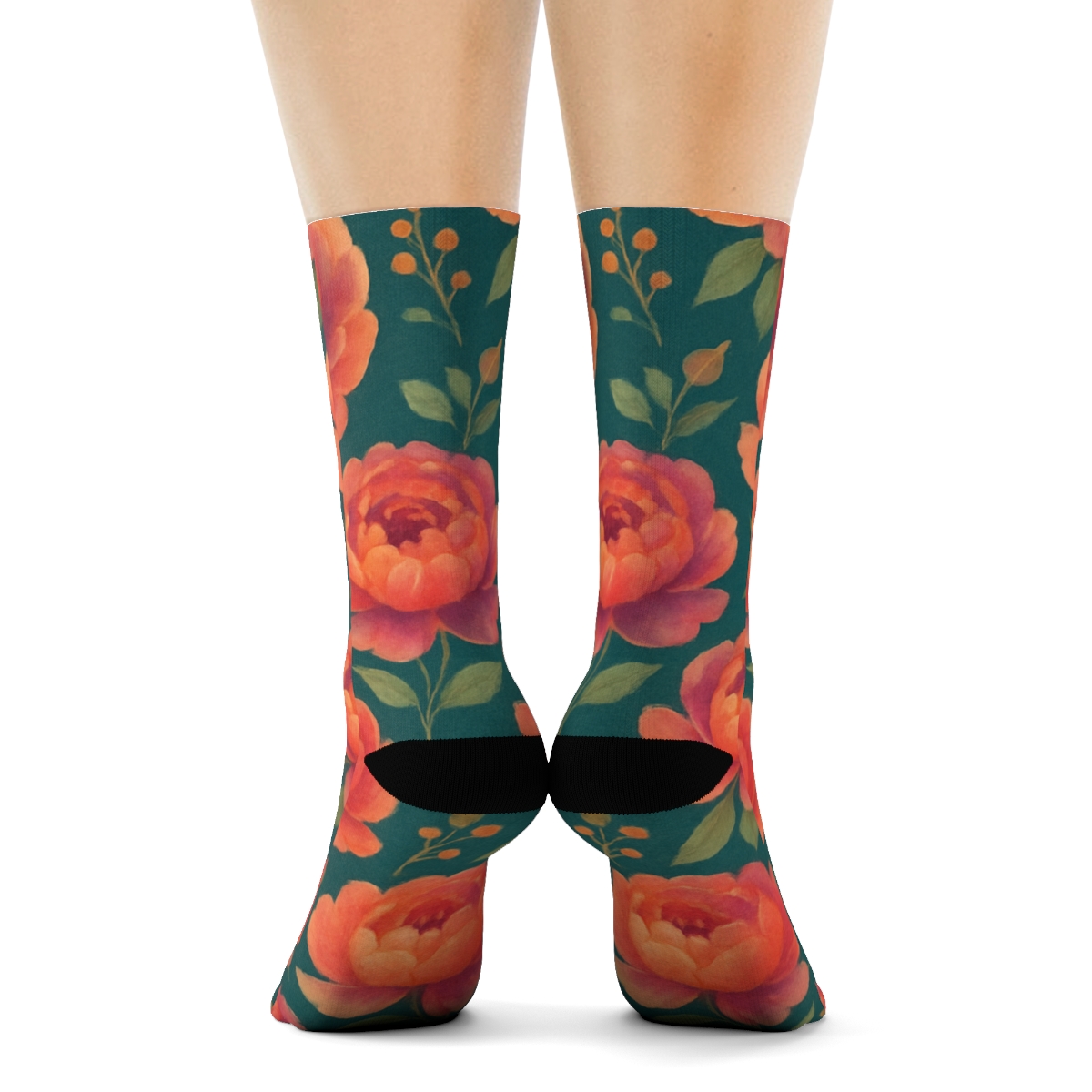 Sunset Peony Medallion Tessellation On Deep Teal Background stylish athletic crew socks