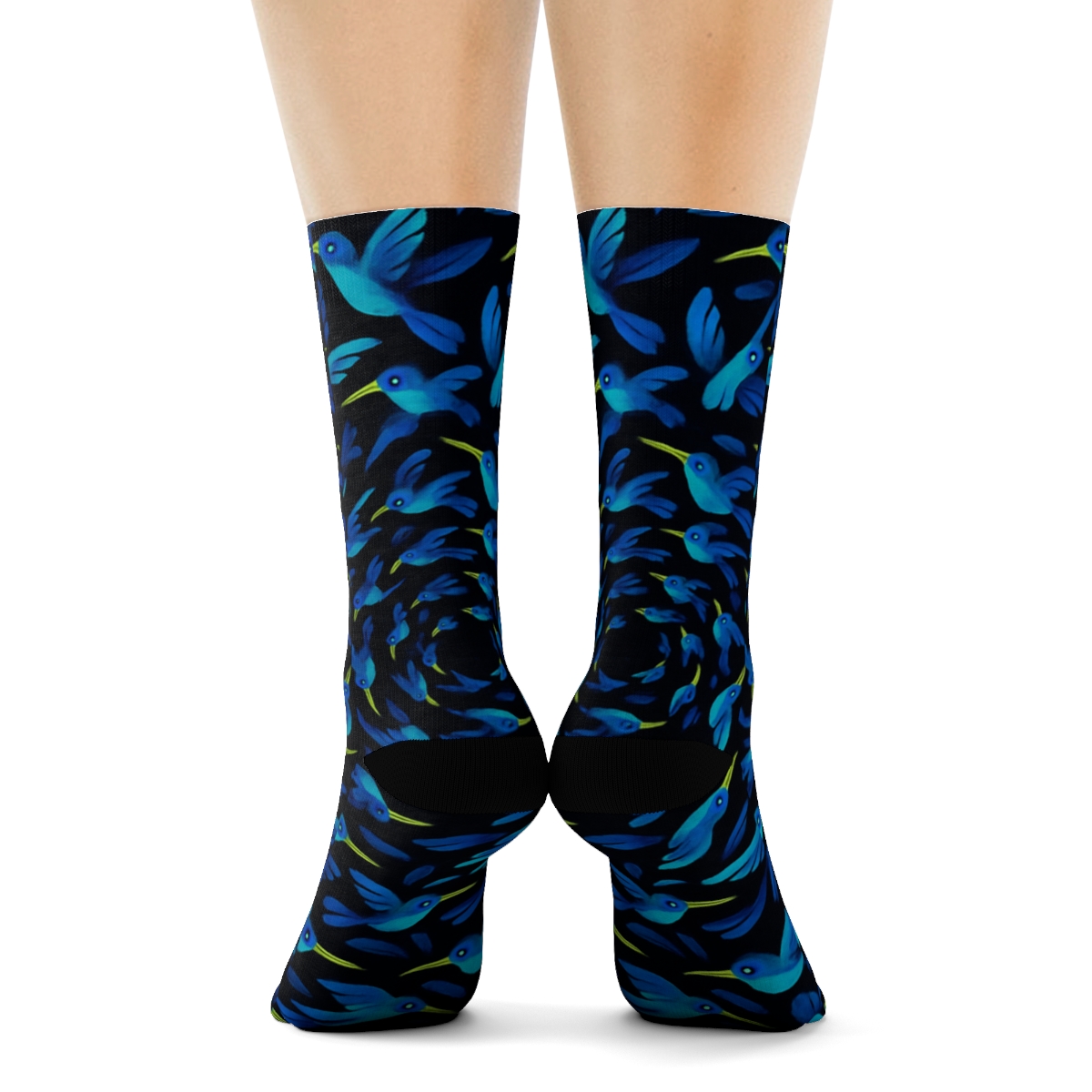 Cerulean Hummingbird Spiral Flight On Midnight Field personalized crew socks