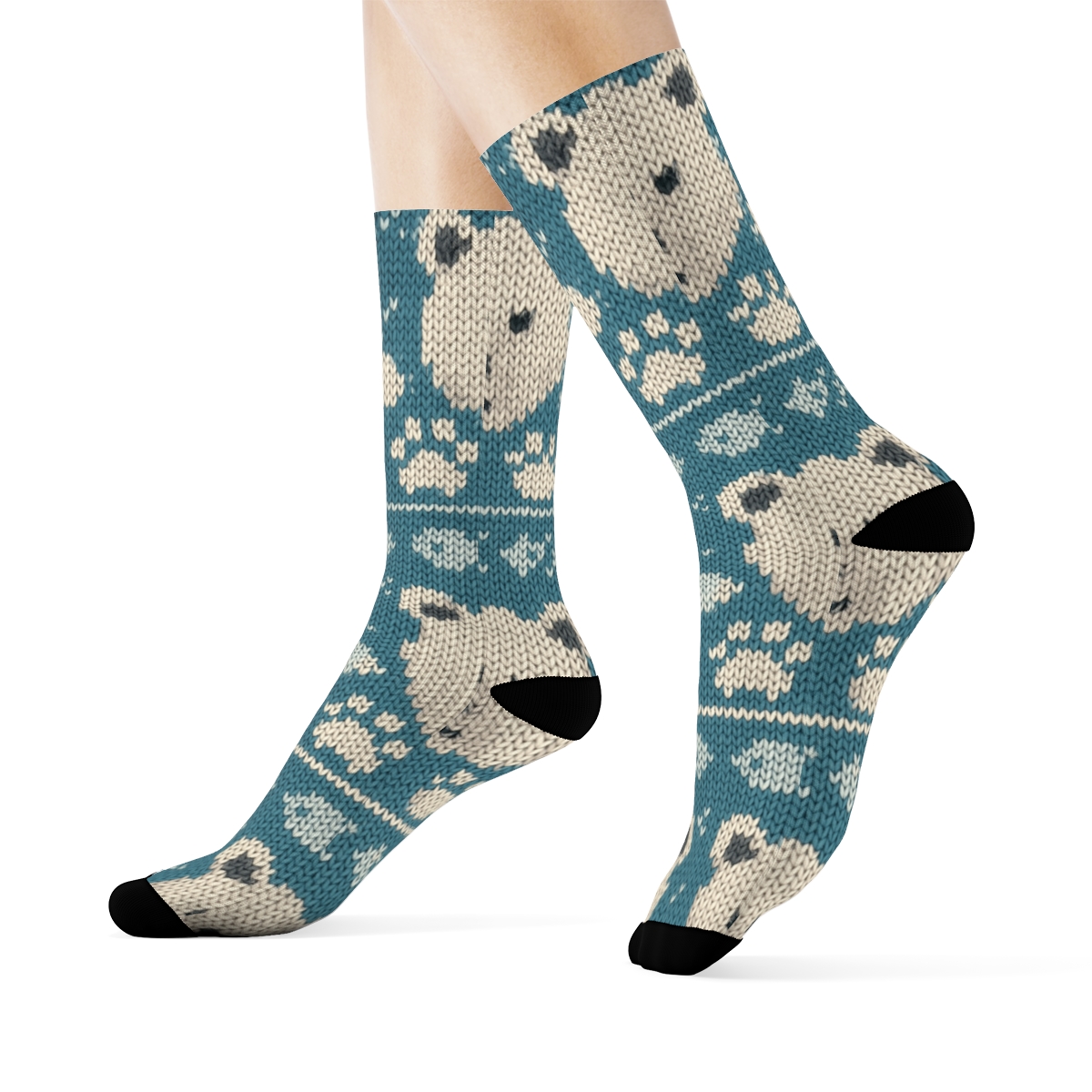 Knitted Polar Bear Fair Isle Snow Bands unique graphic crew socks