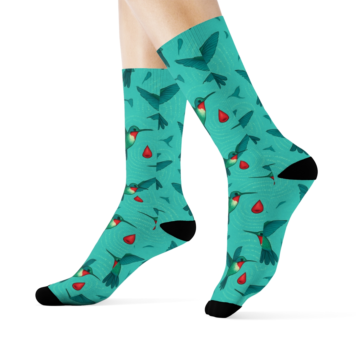Hummingbird Halo Ring Pattern On Turquoise Field unique graphic crew socks