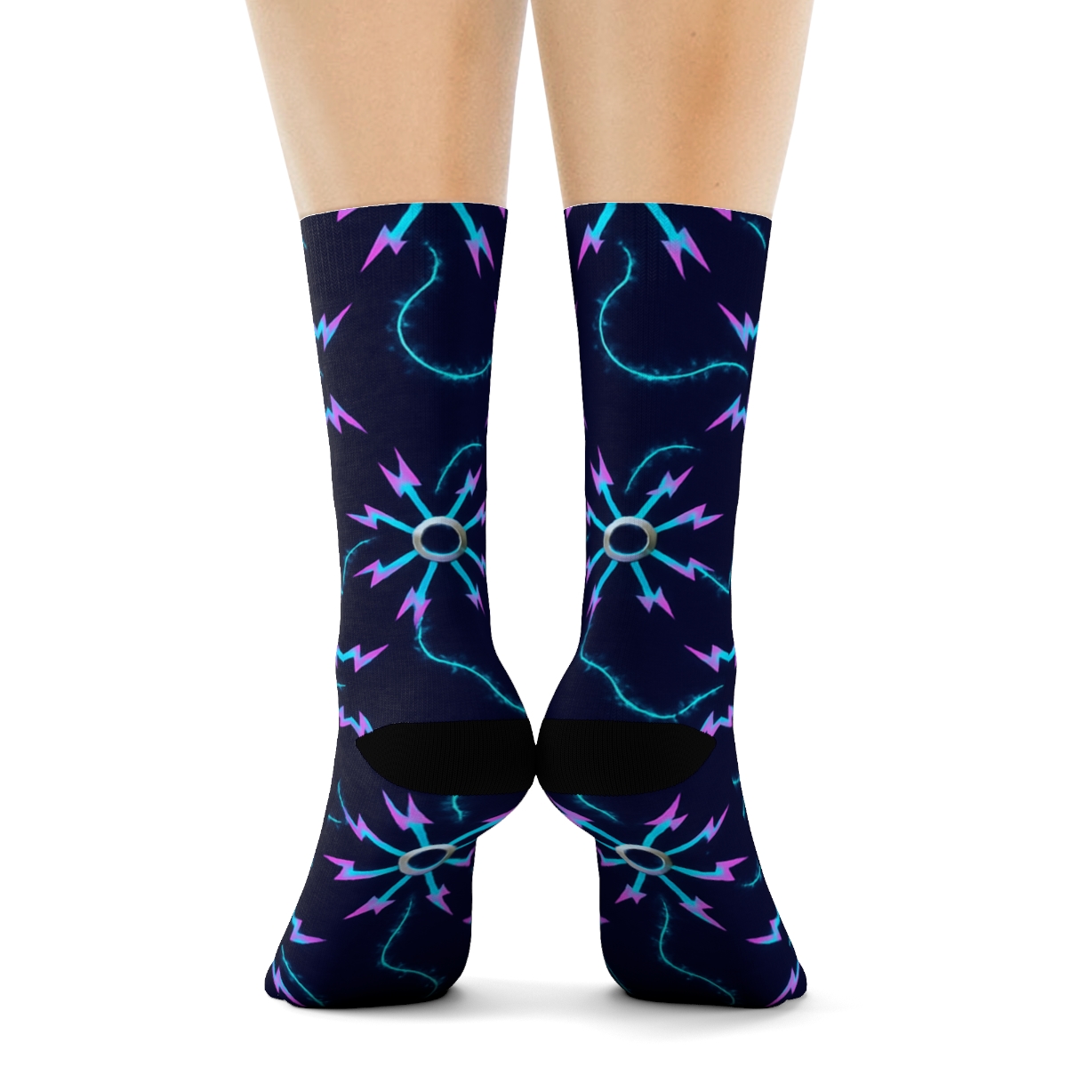 Radial Neon Arc Burst Grid On Deep Indigo Field custom crew socksRadial Neon Arc Burst Grid on Deep Indigo Field Crew Socks - Image 4