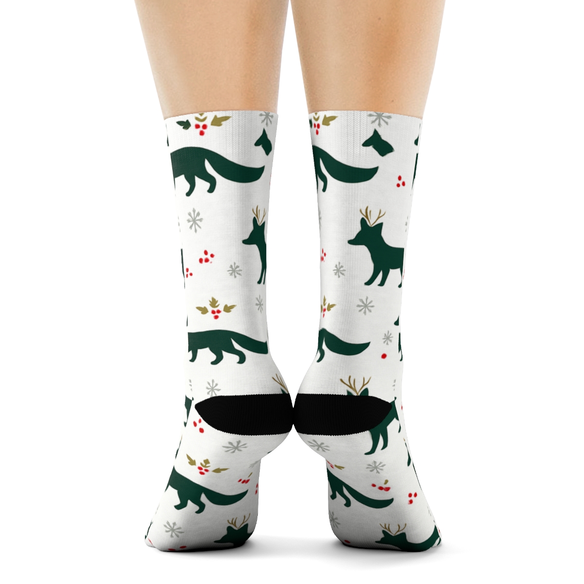 Reindeer Fox Mirrored Stripe Bands On White Background trendy patterned crew socks