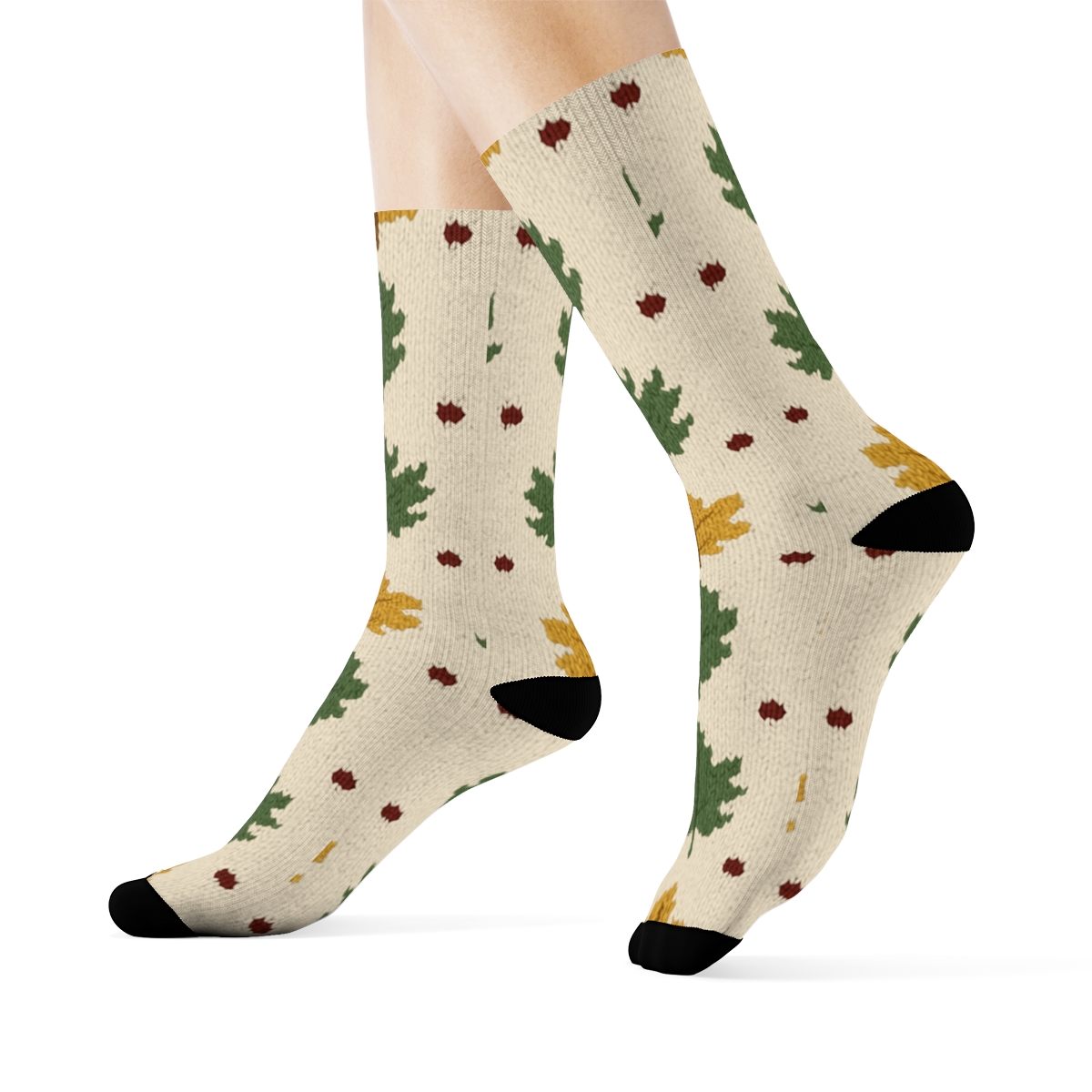 Knitted Leaf Silhouette Lattice On Creamy Beige Background designer printed crew socks