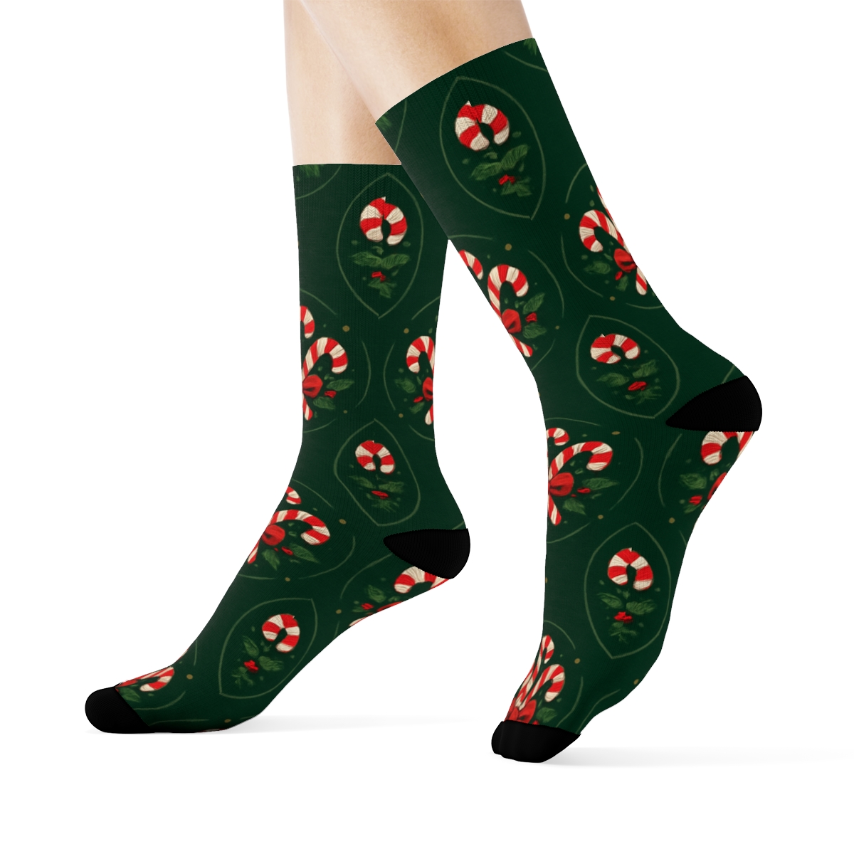 Candy-canes Bouquet Medallions On Deep Green stylish athletic crew socks