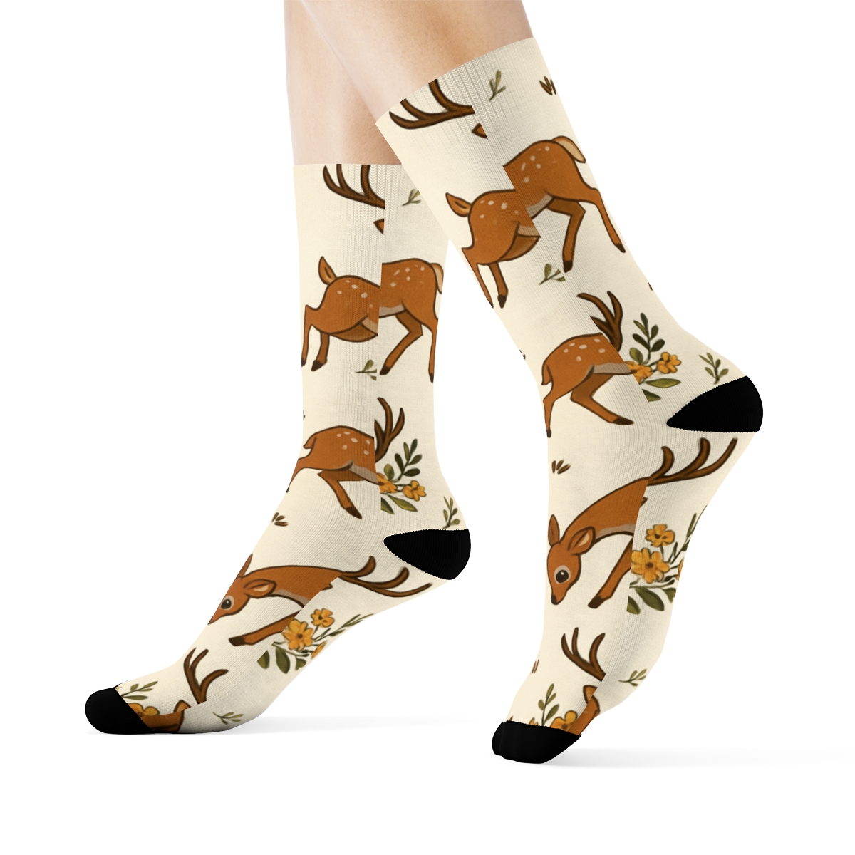 Woodland Parade With Deer On Ivory Ground custom crew socks