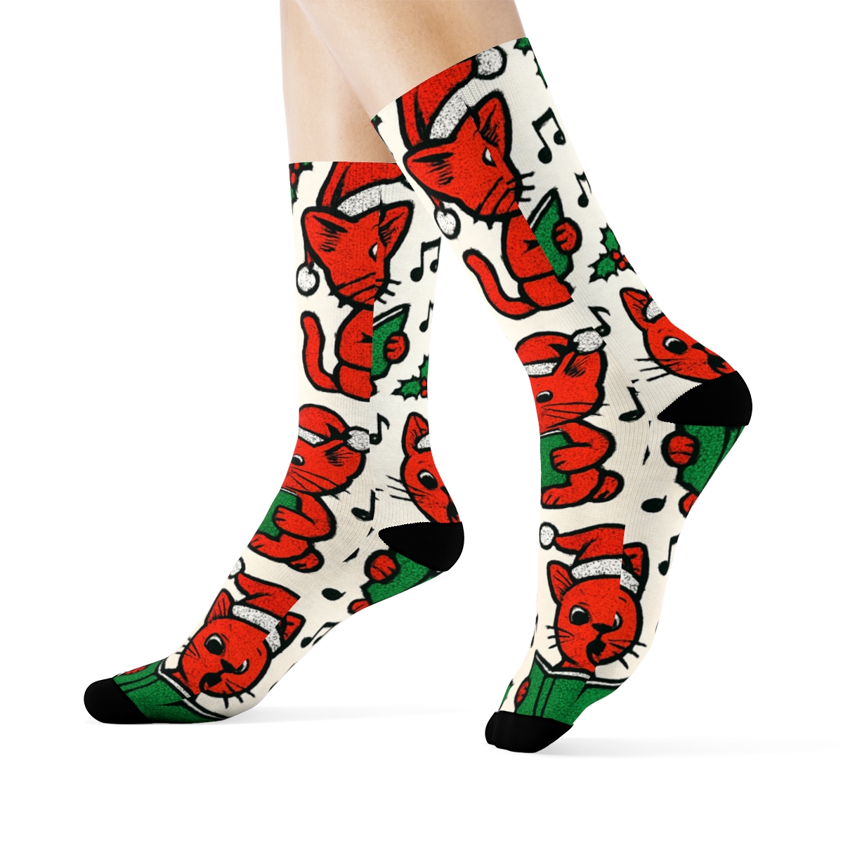 Scarlet Caroling Kittens Grid trendy patterned crew socks