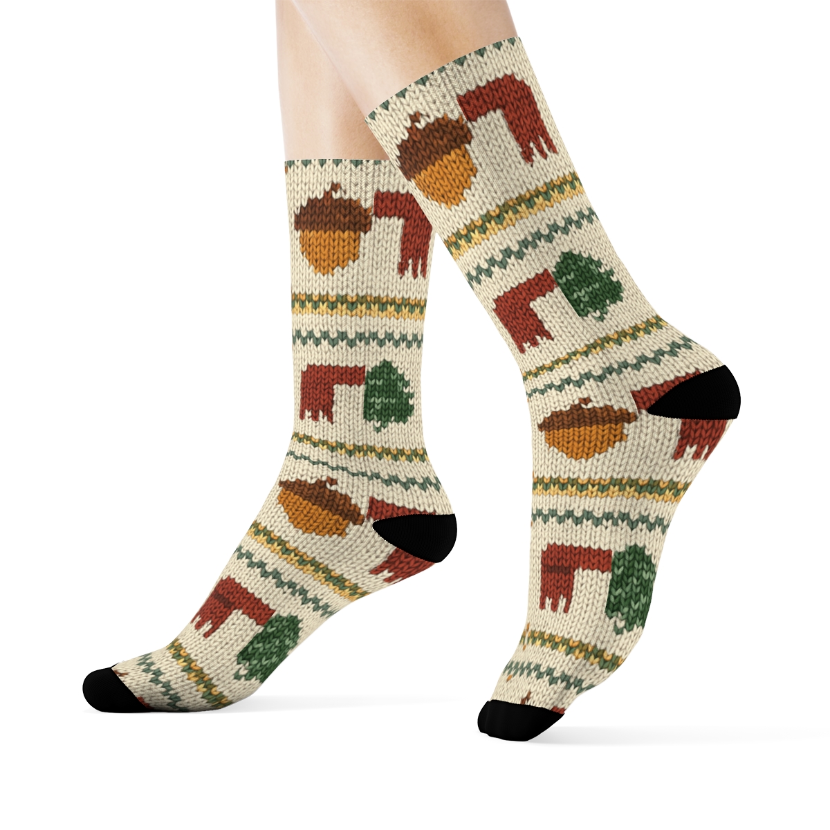 Knitted Mug And Acorn Fair Isle On Creamy Beige Background trendy patterned crew socks