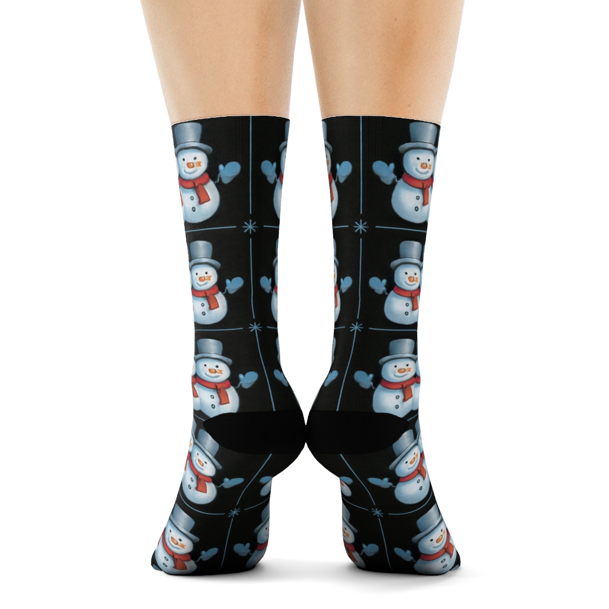 Black Background Snowman Grid For Xmas Night unique graphic crew socks
