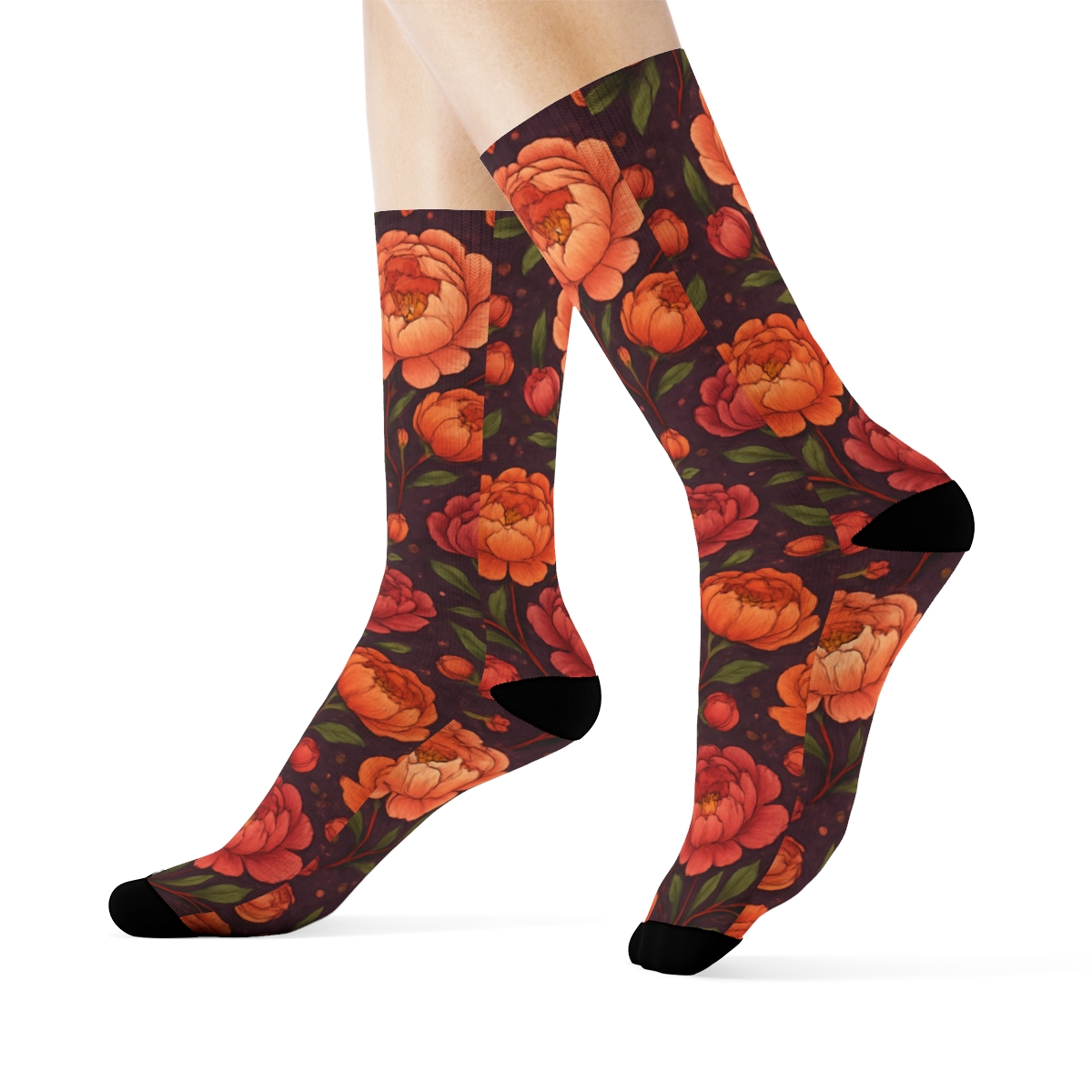 Sunset Peony Medallion Tessellation On Deep Plum Background designer printed crew socks