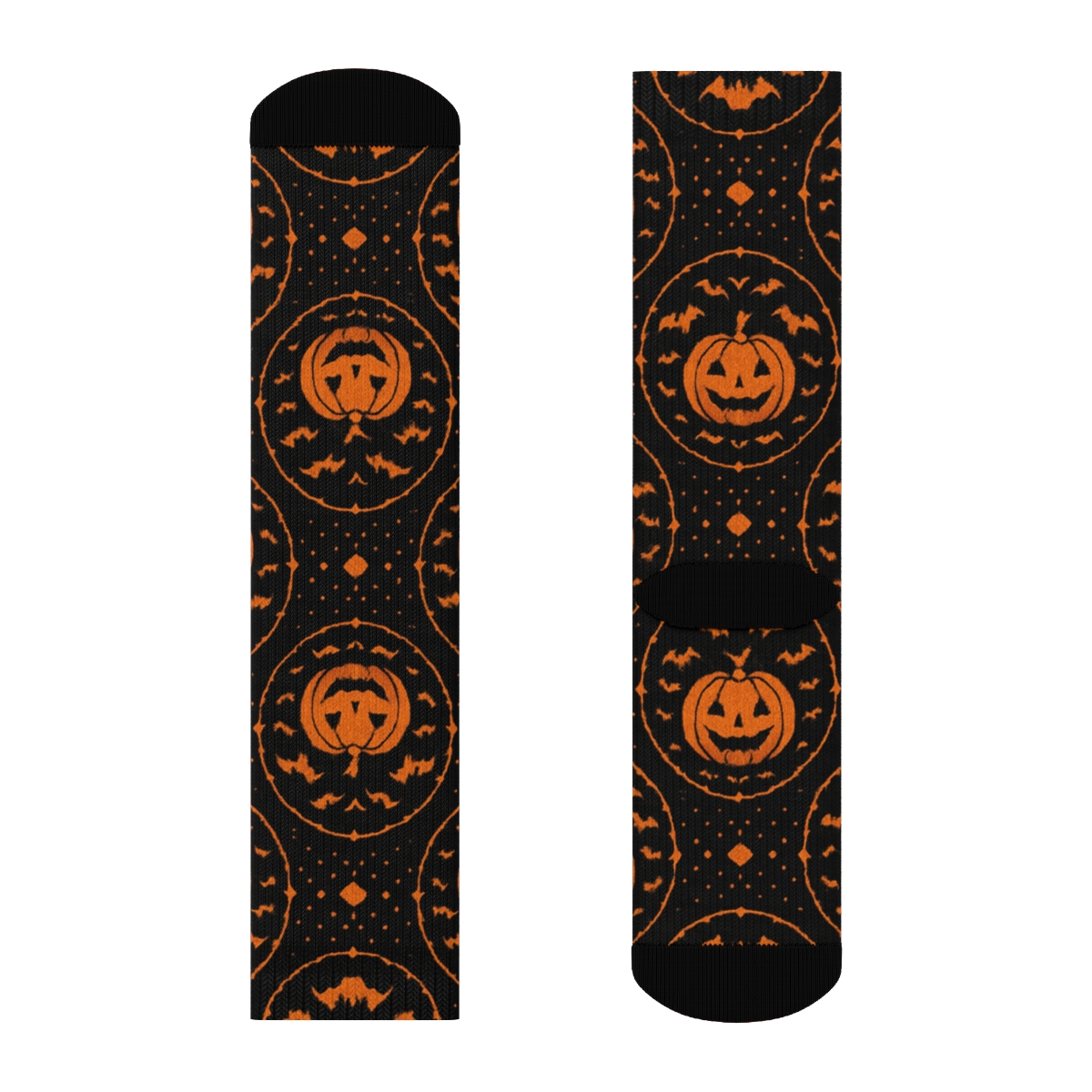 Flying Bats And Pumpkin Medallion Tiles On Black Background stylish athletic crew socks
