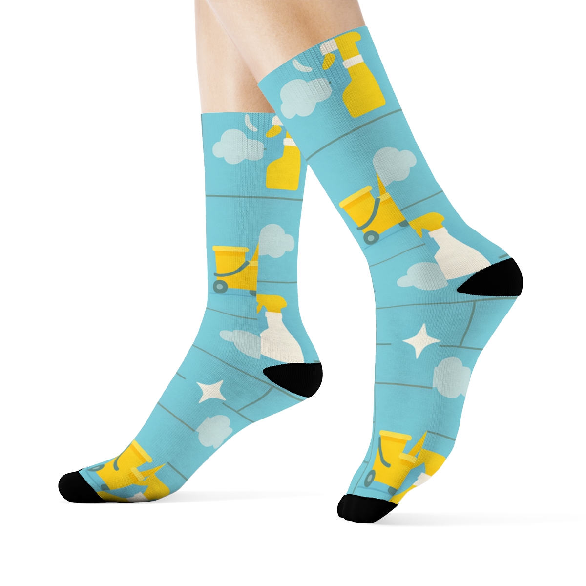 Sky Blue Floor Grid With Janitor Cart Motifs trendy patterned crew socks