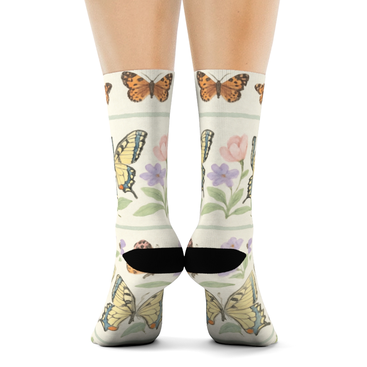 Pastel Garden Butterfly Parade Border On Ivory Background personalized crew socks