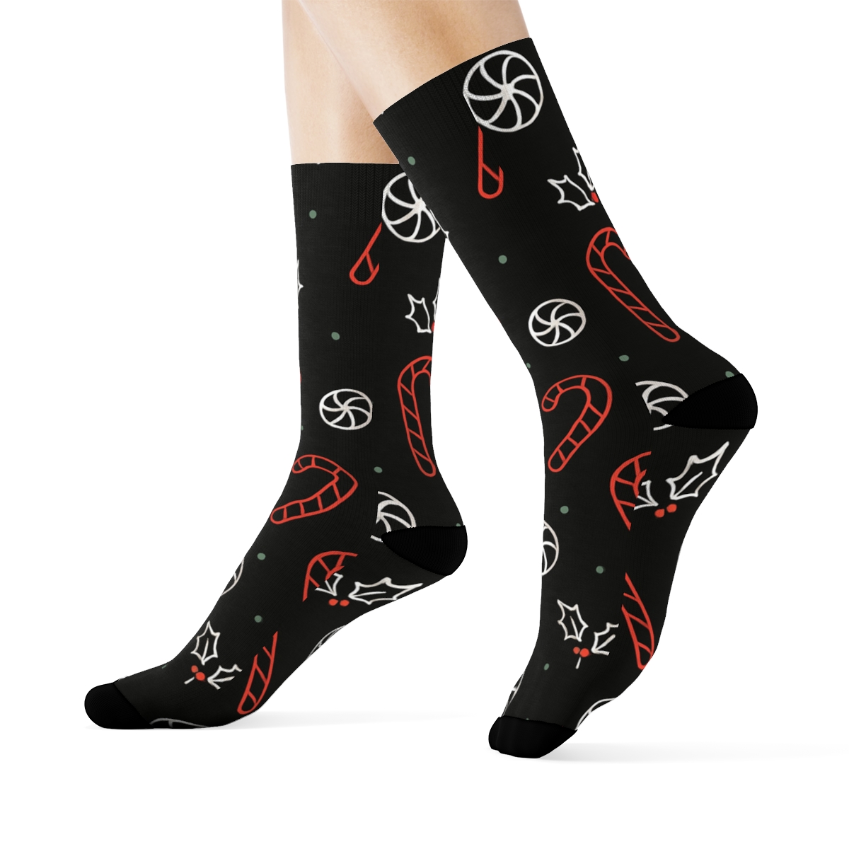 Modern Minimal Candy Canes Outline Scatter On Black comfortable cotton crew socks