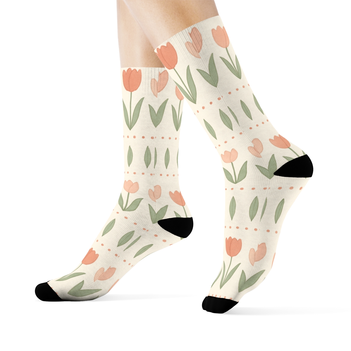 Sage Tulip Stripe Garden On Ivory Background premium sports crew socks