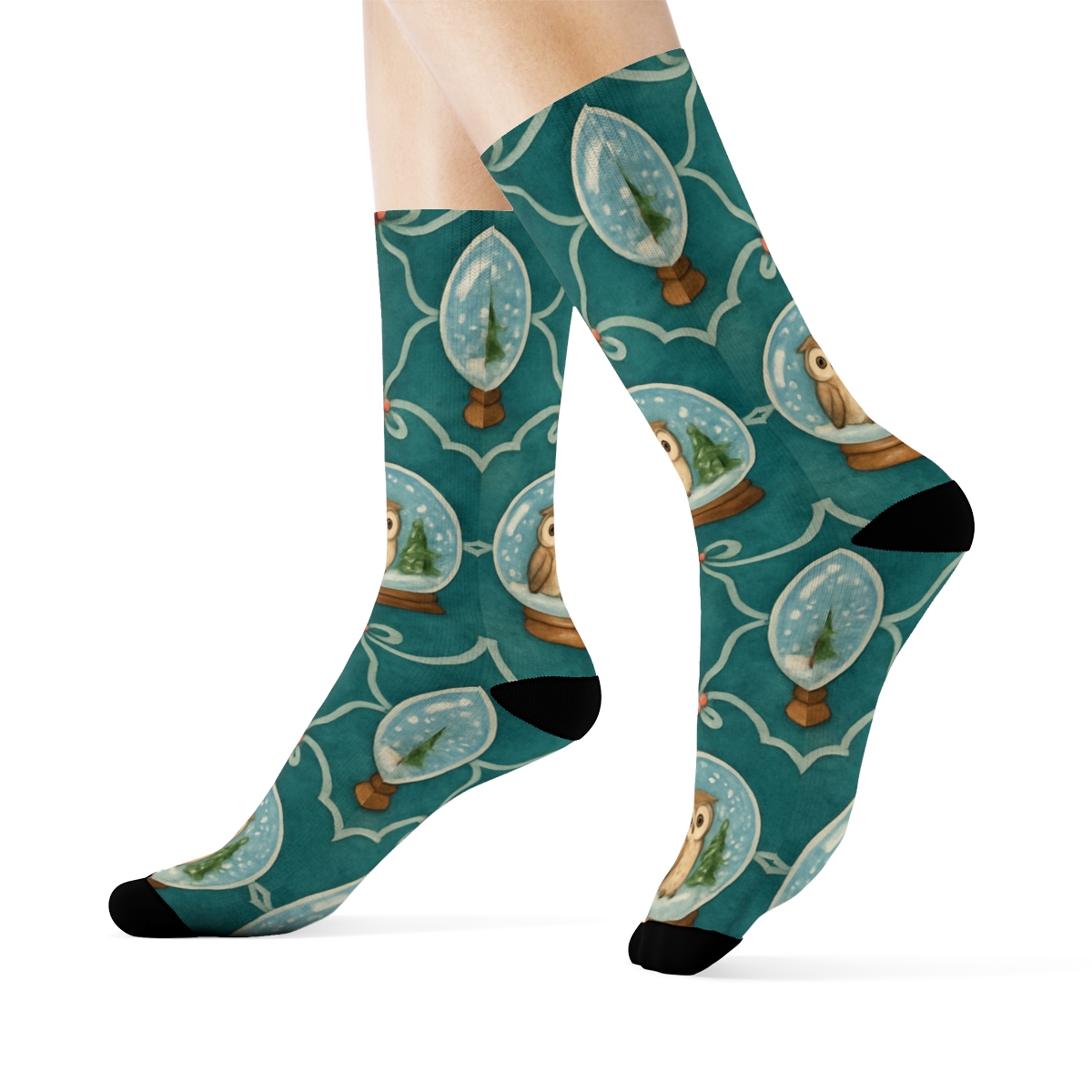 Owl Snow Globe Medallions On Teal Background unique graphic crew socks
