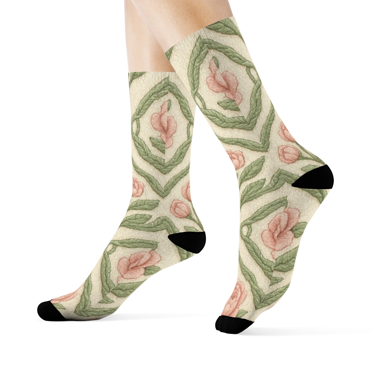 Knitted Peony Bloom Cable Tiles On Cream Sage Background custom crew socks