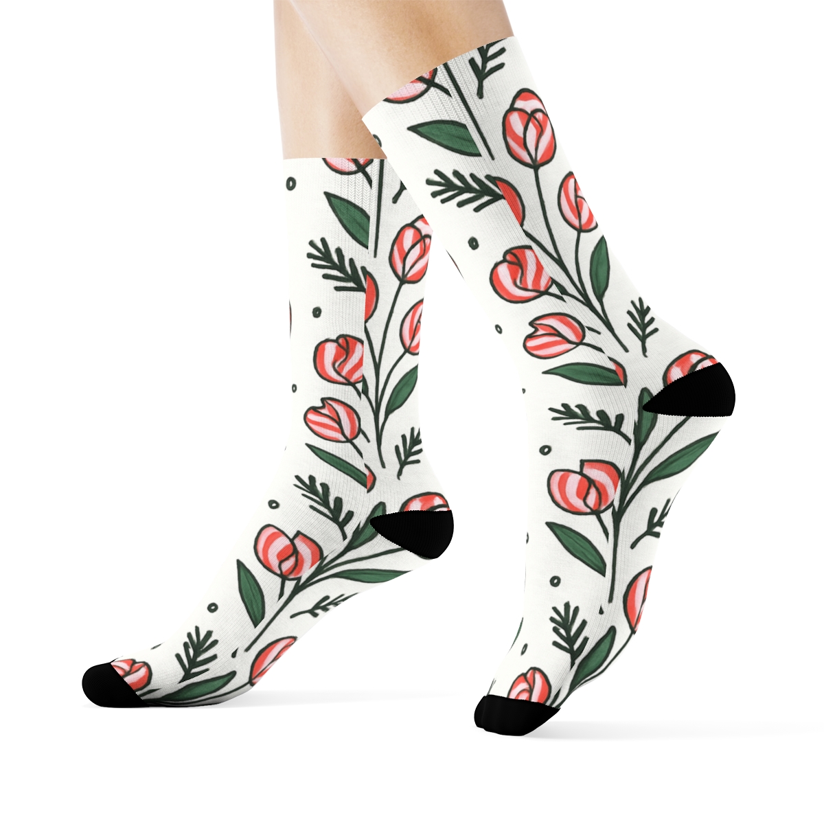 Candy Cane Tulip Stripe Dance On Snow White Background unique graphic crew socks